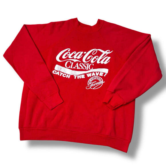 VTG 80/90s Coca-Cola Classic Sweathsirt Puff Print Size M Red Catch the Wave Y2K - Picture 1 of 10